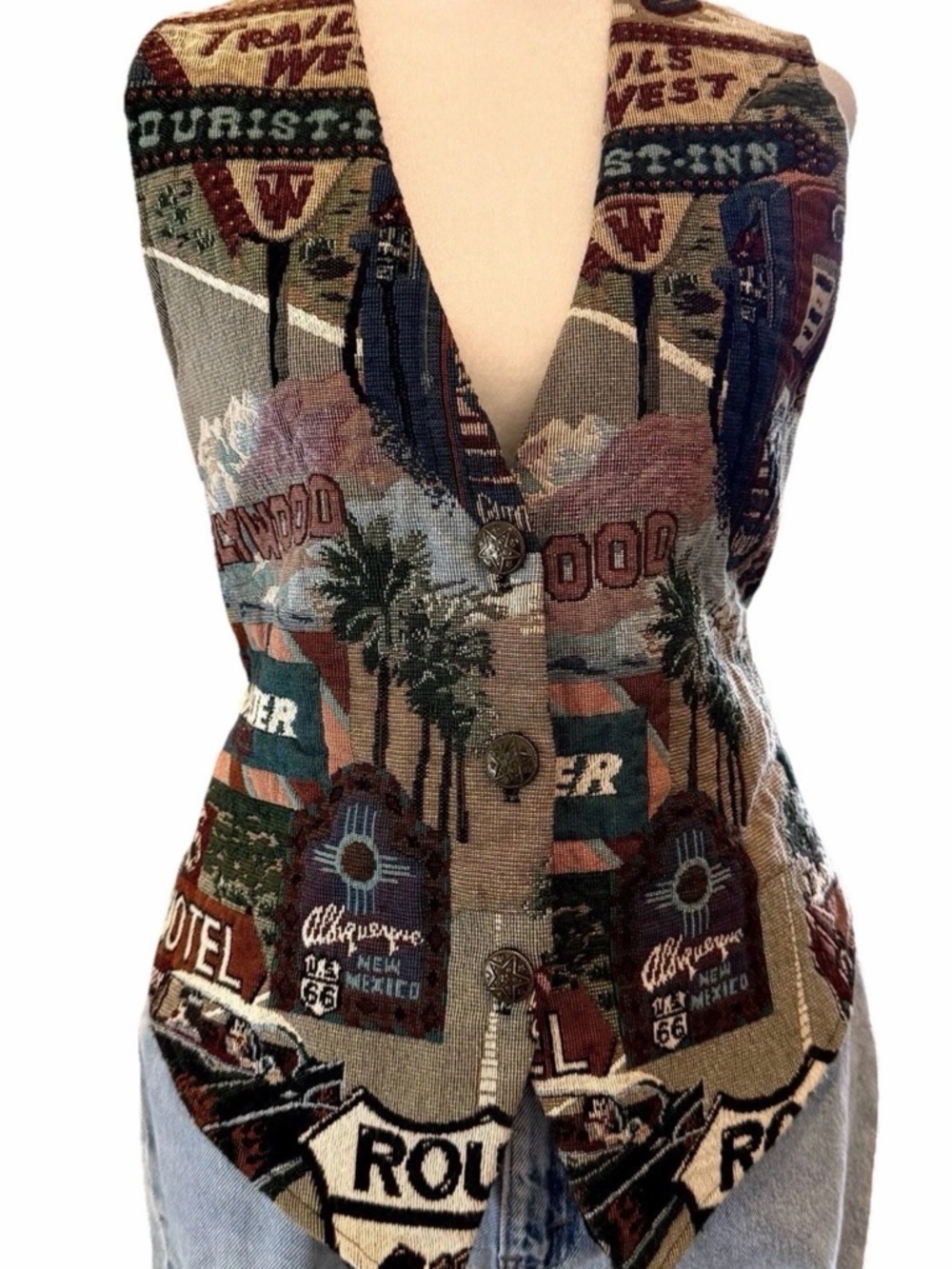 Vintage Route 66 Tapestry Vest  Anniversary 1990s Republic Art Boho Y2K Size M